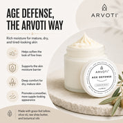 A jar of Arvoti Age Defense Premium Balm moisturizing tallow balm, set on a textured beige stone with olive branches. The image is a clean promotional graphic with text detailing the benefits of the balm such as softening fine lines, supporting skin moisture barrier and promoting a smoother more supple looking appearance.
