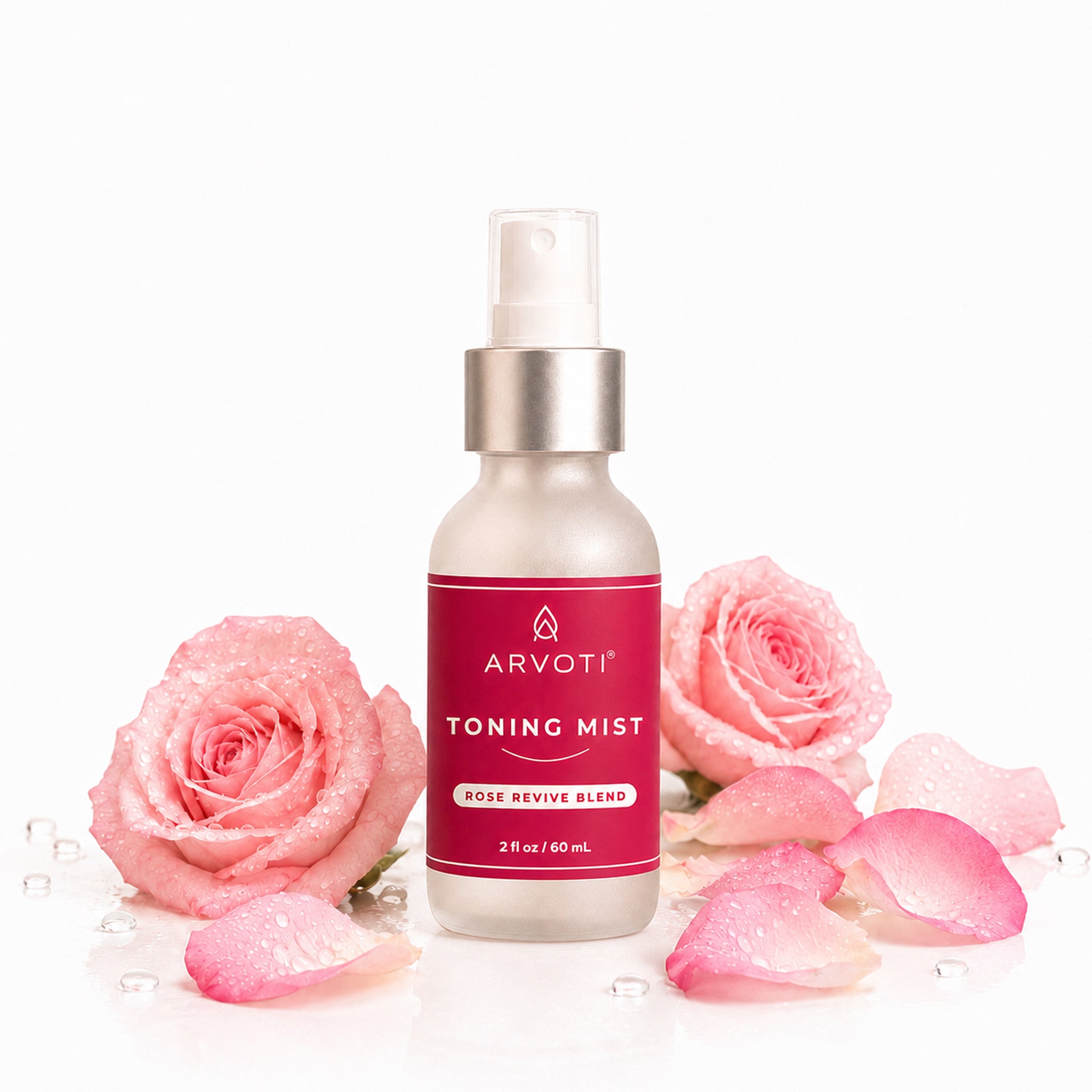 Arvoti Organic Rose Toner mist bottle mist formulated with hydrating aloe vera and witch hazel for a luxury anytime mist.