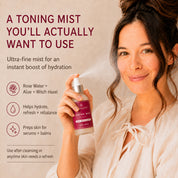 A woman holds a bottle of ArvotiToning Mist while spraying it. The image features promotional text on the left detailing the benefits of the mist, helping to refresh, hydrate and rebalance the skin, set against a warm beige background.