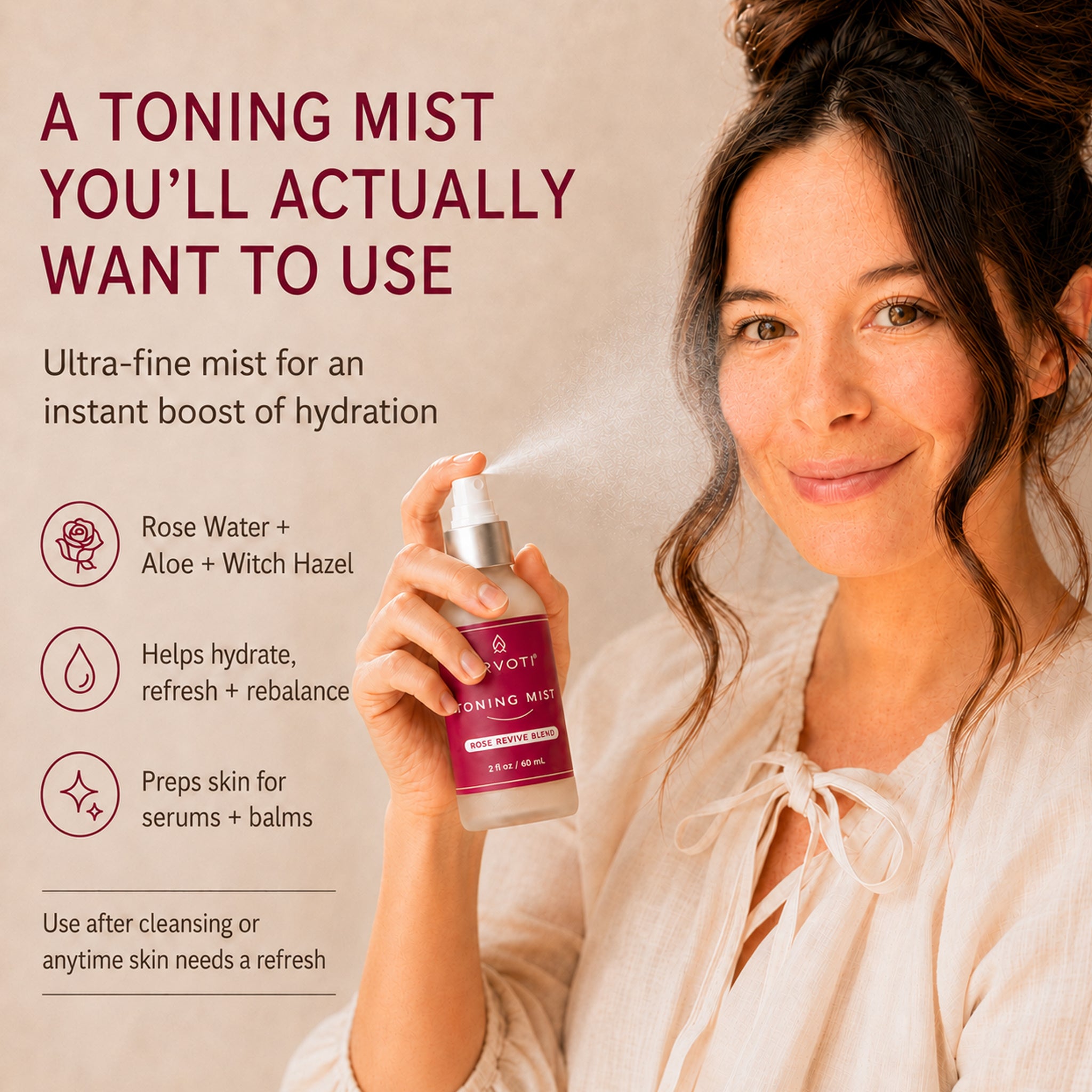 A woman holds a bottle of ArvotiToning Mist while spraying it. The image features promotional text on the left detailing the benefits of the mist, helping to refresh, hydrate and rebalance the skin, set against a warm beige background.